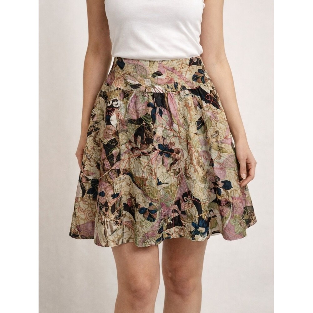 Chicos Silk Flowy A Line Skirt Multicolor Floral Embroidery Sz 0.5 Boho Festival